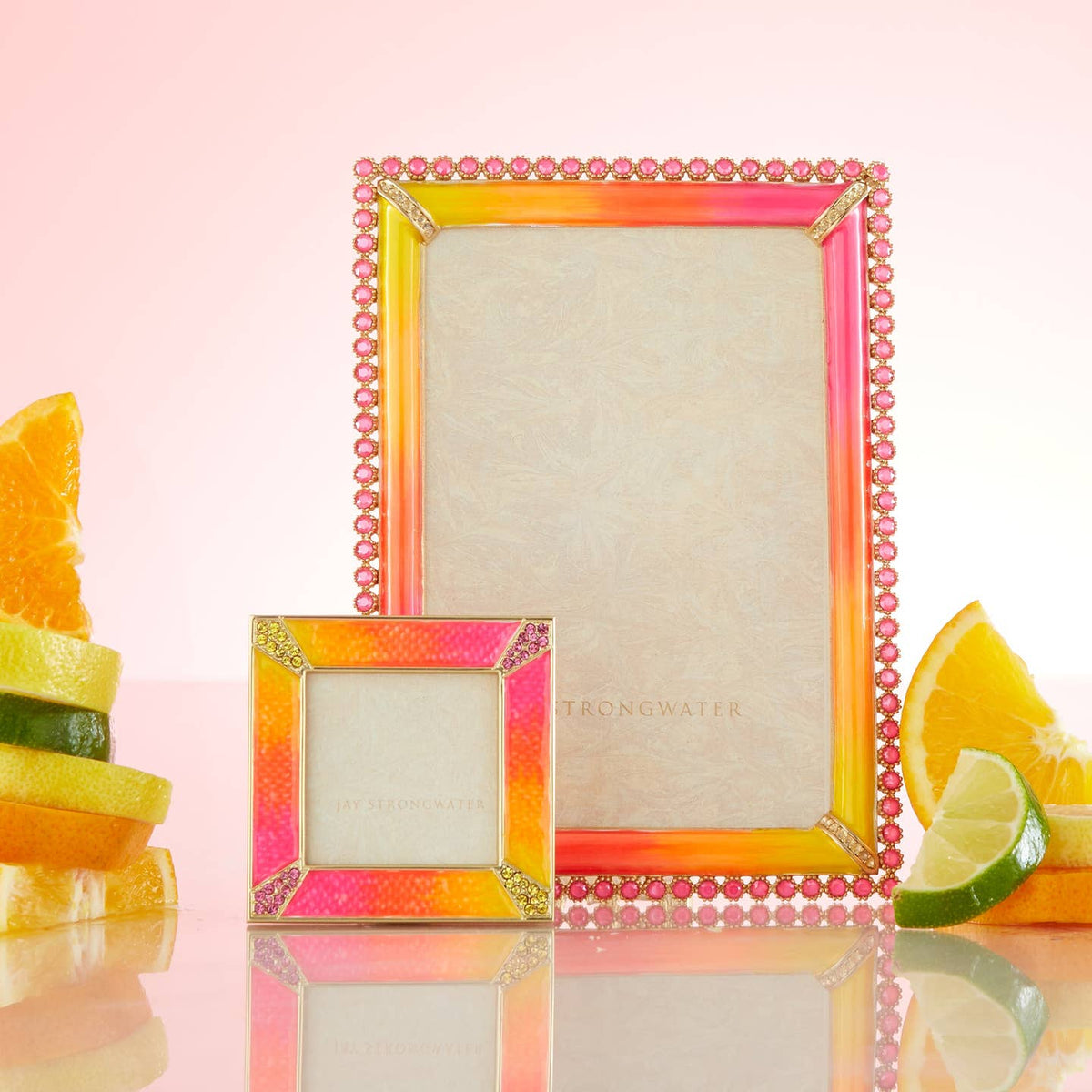 Jay Strongwater Leland Pavé Corner Rose 2" Swarovski Crystal Enamel Picture Frame, Electric Pink