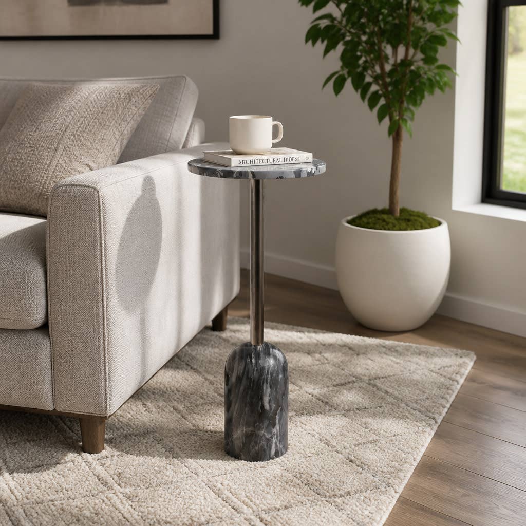 Side Table - Gray Stone Top Sculptural Narrow Base, 24 in.