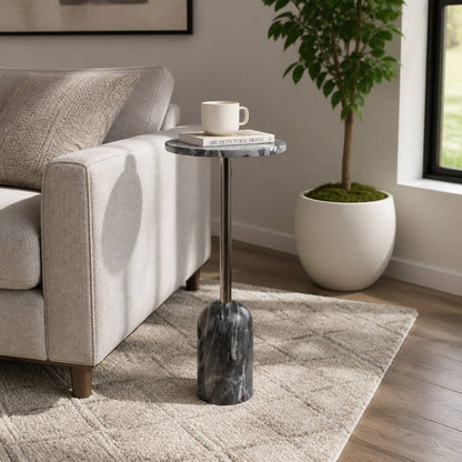 Side Table - Gray Stone Top Sculptural Narrow Base, 24 in.