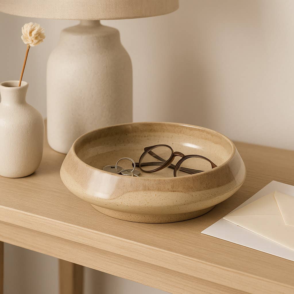 Decorative Bowl - Brown Ceramic Modern Round Glazed, 15 in.