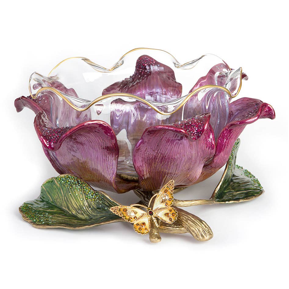 Jay Strongwater Sydney Large Flower Butterfly Swarovski Crystal Enamel Gold-Finished Decorative Bowl, Bouquet