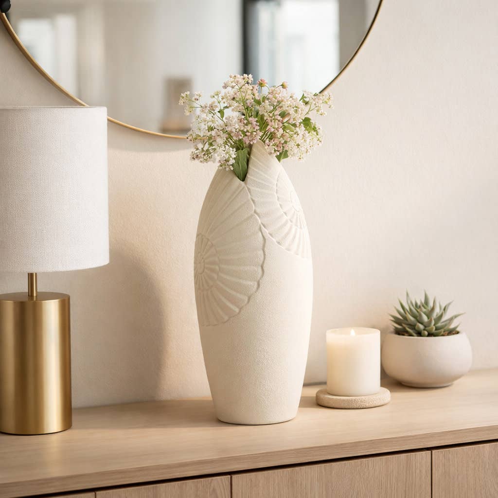 Decorative Vase - Ivory Ceramic Nautilus Shell Form, 21 in.