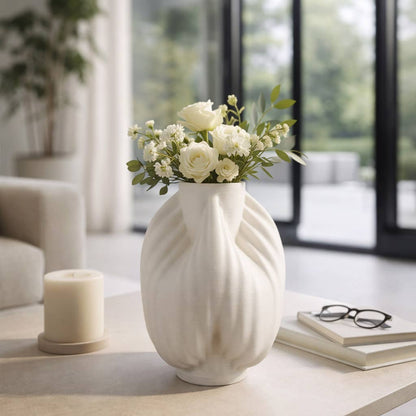 Decorative Vase - Ivory Porcelain 3D Printed Textured, 13 in.