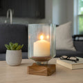 Candle Holder - Brown Wood Glass Pillar Hurricane, 9 in.