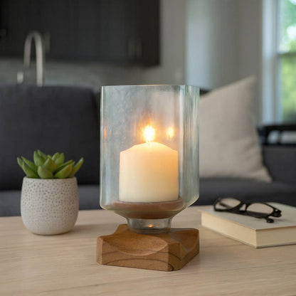 Candle Holder - Brown Wood Glass Pillar Hurricane, 9 in.