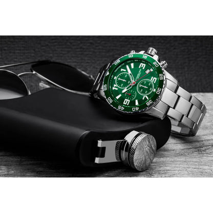 Stuhrling Original Concorso Men's Quartz Chronograph Watch, 40mm, Green Dial, Silver-Tone Brushed And Polished Link Bracelet, Style ZB8SY