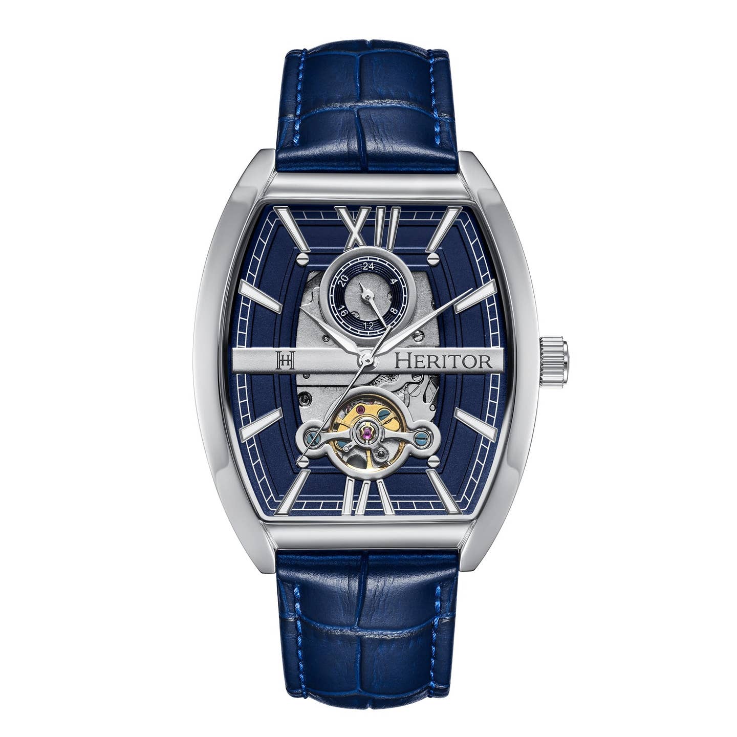 Heritor Masterson Men's Automatic Semi-Skeleton Leather Watch, Silver/Blue