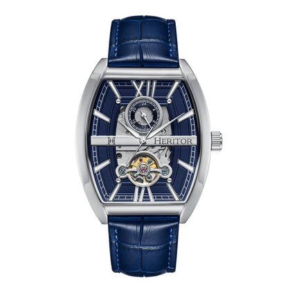Heritor Masterson Men's Automatic Semi-Skeleton Leather Watch, Silver/Blue