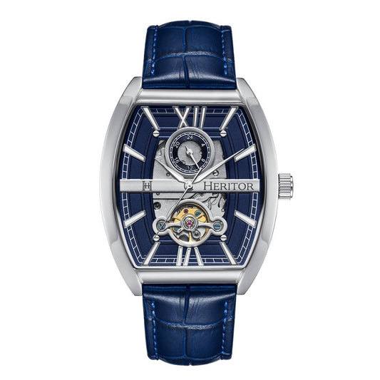 Heritor Masterson Men's Automatic Semi-Skeleton Leather Watch, Silver/Blue