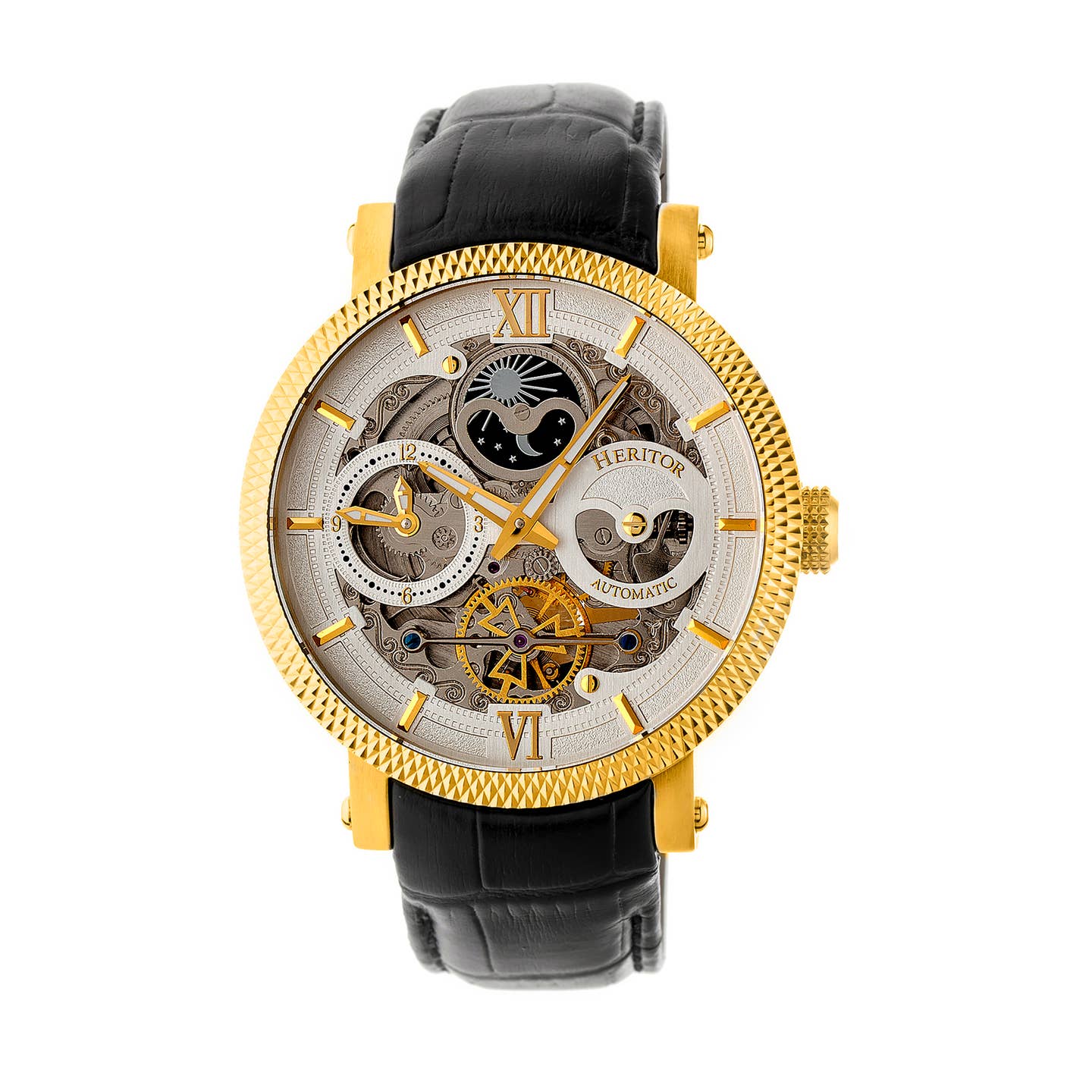 Heritor Aries Men's Automatic Skeleton Leather Watch, Gold/Silver