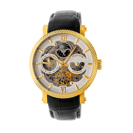 Heritor Aries Men's Automatic Skeleton Leather Watch, Gold/Silver