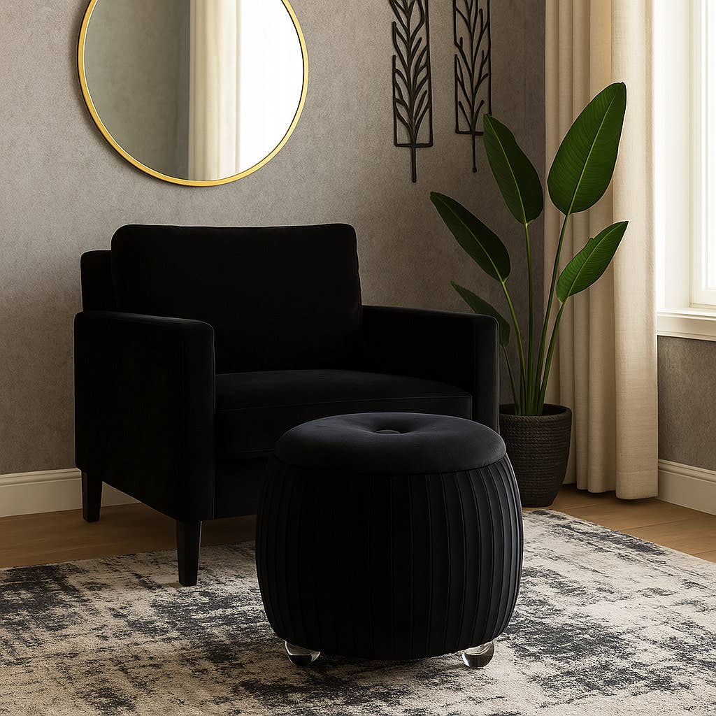 Storage Stool - Black Wood Round with Cushioned Seat, 18 in.