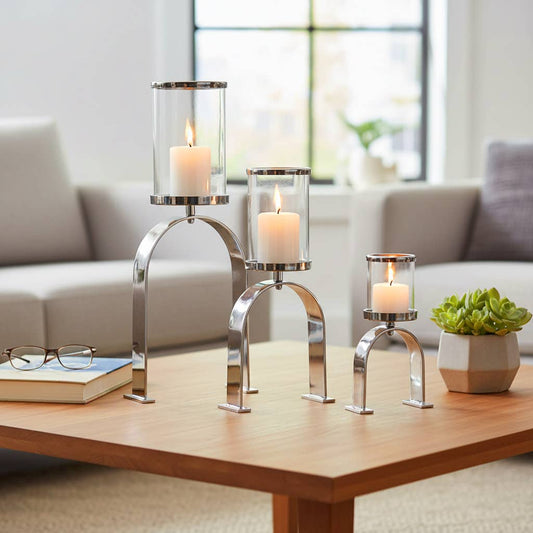 Candle Holders Set of 3 - Silver Metal Pillar, 10/16/22 in.