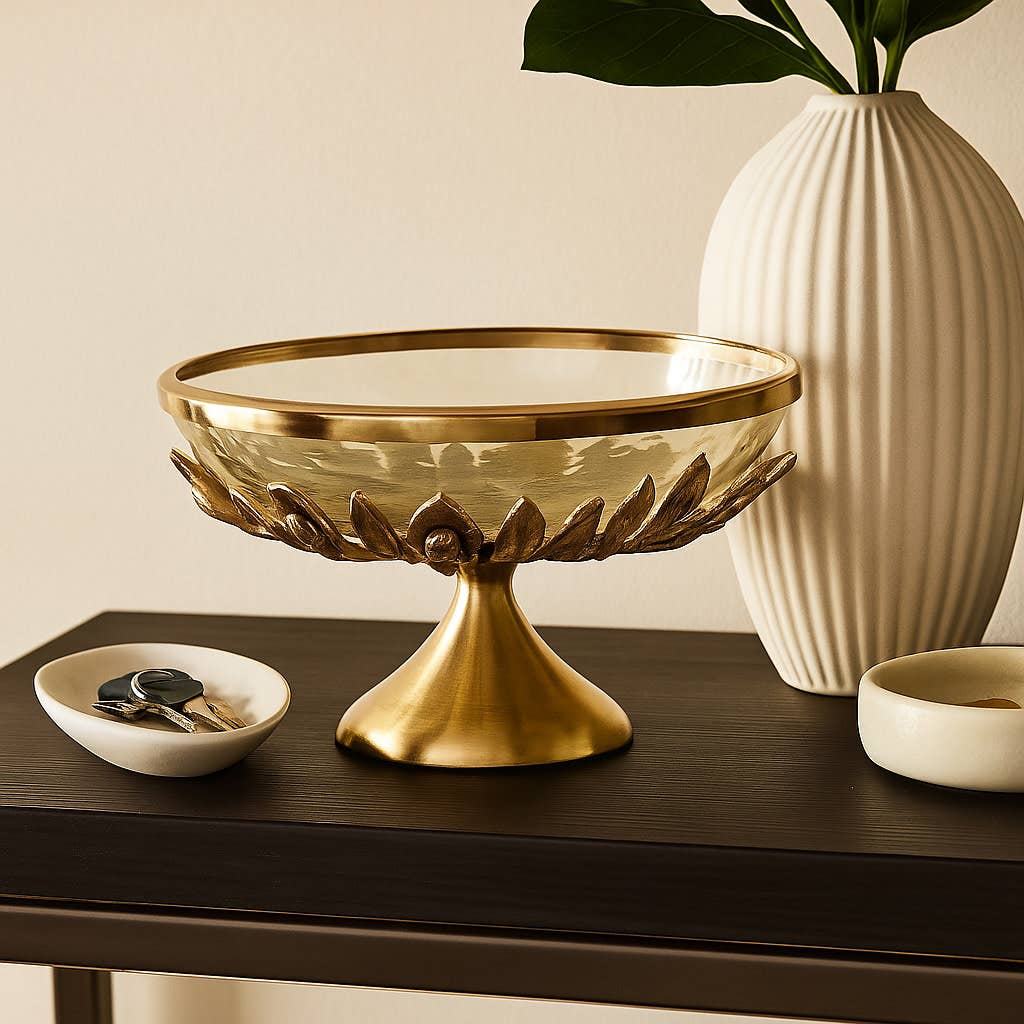 Bowl - Gold Glass Round Metal Floral Pedestal Stand, 13 in.