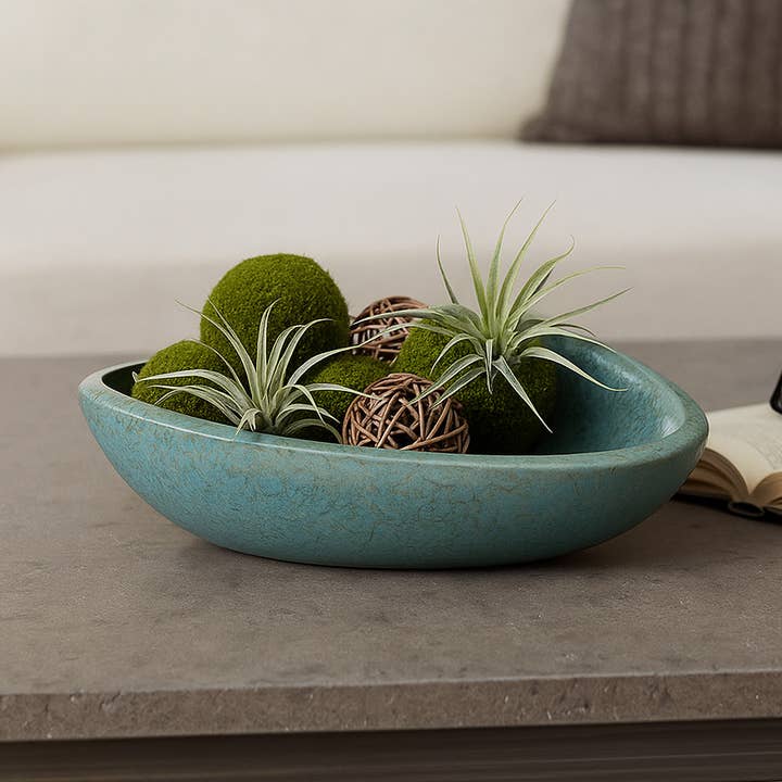 Decorative Bowl - Green Ceramic Abstract Pattern, 18 in.
