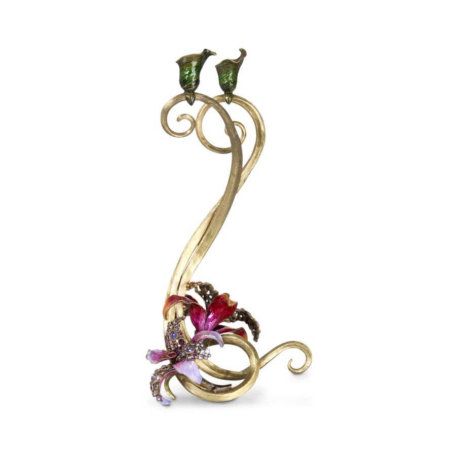 Jay Strongwater Roselyn Orchid Double Candlestick Holder, Flora Leaf Swarovski Crystal Enamel