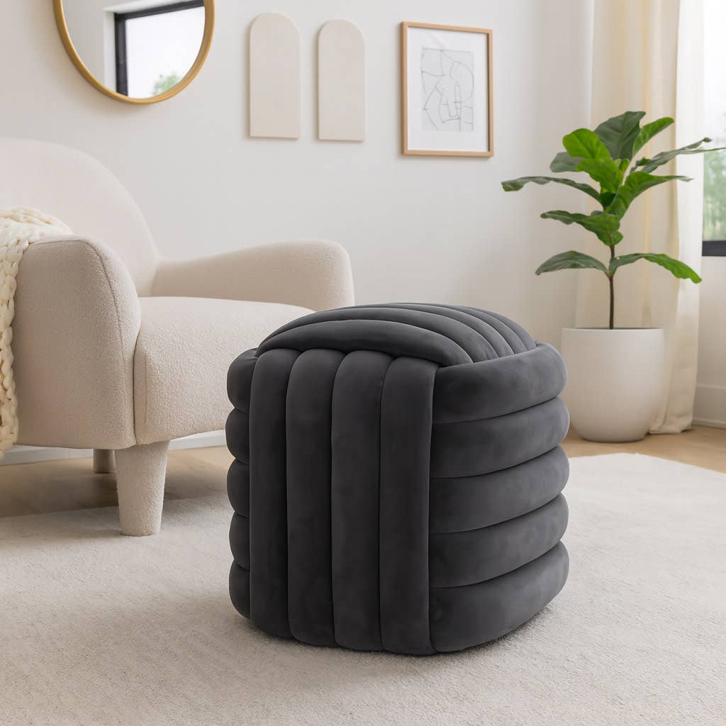 Ottoman Stool - Grey Velvet Cube Knot Layered Cushion, 19 in