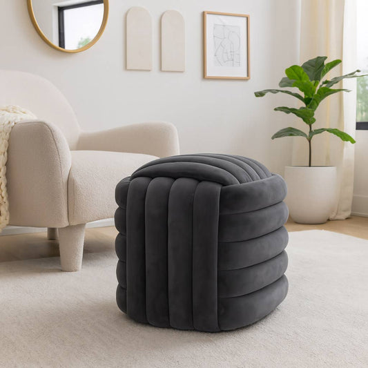 Ottoman Stool - Grey Velvet Cube Knot Layered Cushion, 19 in