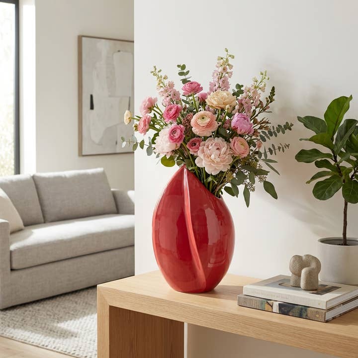 Decorative Vase - Red Ceramic Large Teardrop Shape, 16 in.