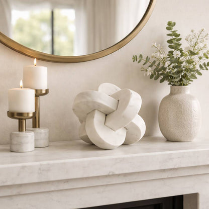 Sculpture - White Marble Interlocking Knot Design, 6 in.