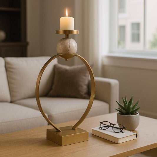 Candle Holder - Gold Metal with Marble Sphere, 21 in.