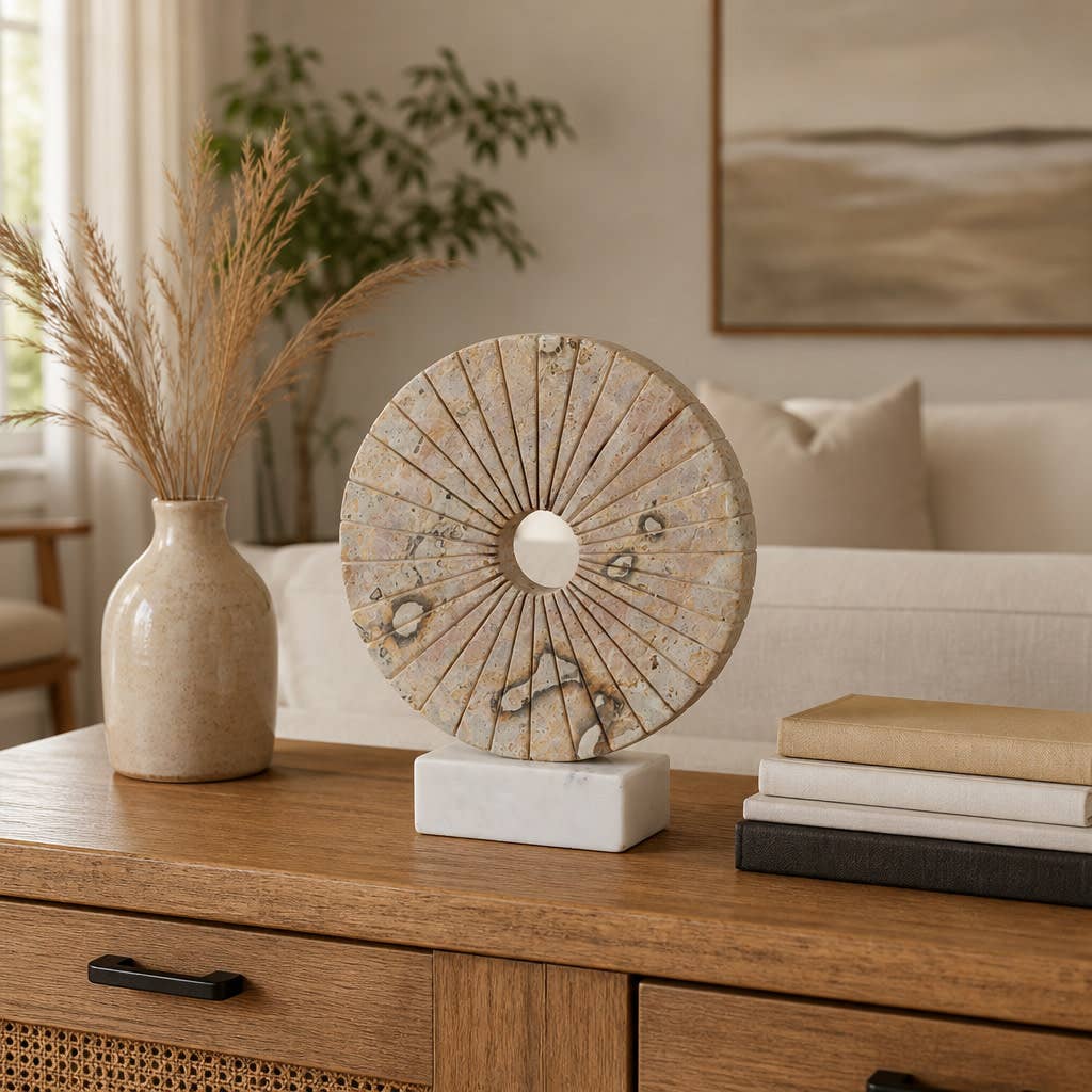 Decorative Objects - Tan Marble Round Disc On Stand, 12 in.