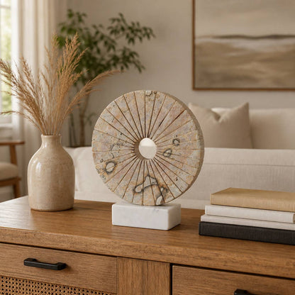 Decorative Objects - Tan Marble Round Disc On Stand, 12 in.