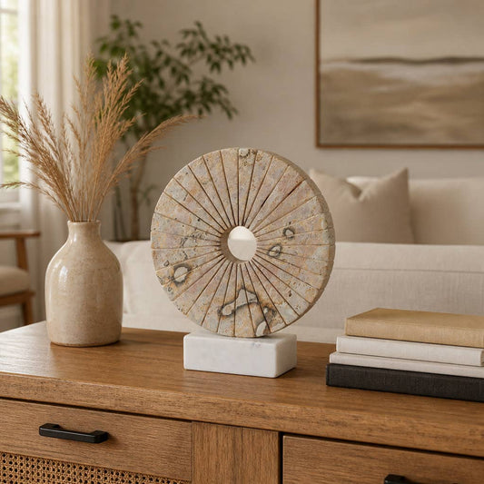 Decorative Objects - Tan Marble Round Disc On Stand, 12 in.
