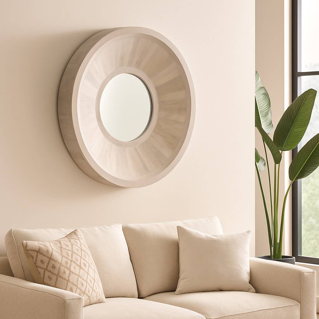 Decorative Wall Mirror - Ivory Wood Minimalist, 36 in.