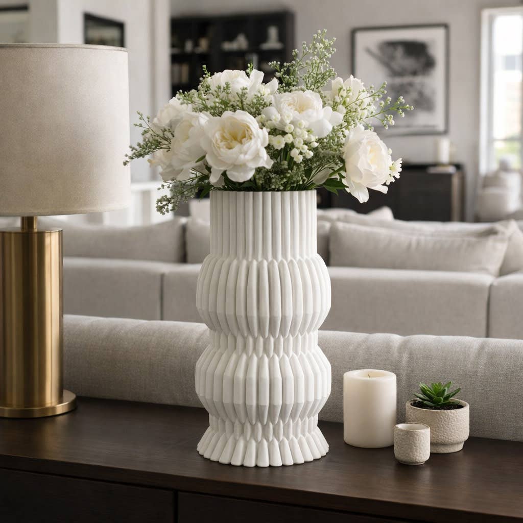 Decorative Vase - White Ceramic 3D Printed Ribbed, 15 in.