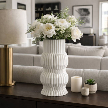 Decorative Vase - White Ceramic 3D Printed Ribbed, 15 in.
