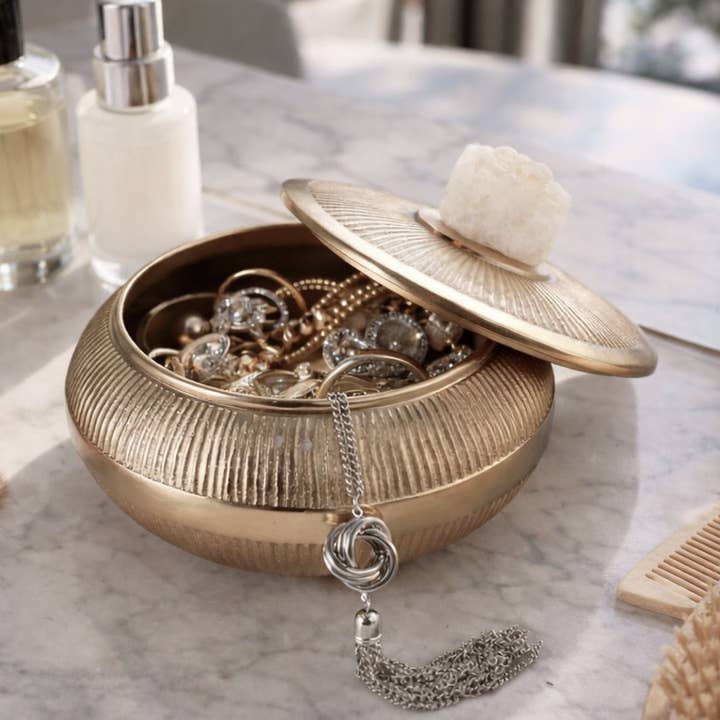 Decorative Box - Gold Metal Round with Stone On Lid, 6 in.