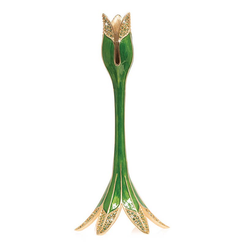 Jay Strongwater Abraham Tulip Green Candlestick Holder, Leaf Swarovski Crystal Enamel Gold-Finished