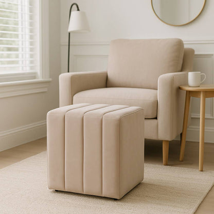 Ottoman Stool - Tan Suede Square Upholstered, 19 in.