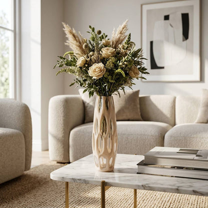 Decorative Vase - Tan Glass Elongated Oval Chiseled, 12 in.