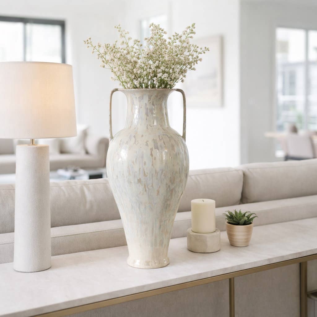 Decorative Vase - White Ceramic Unique Urn Shape, 24 in.