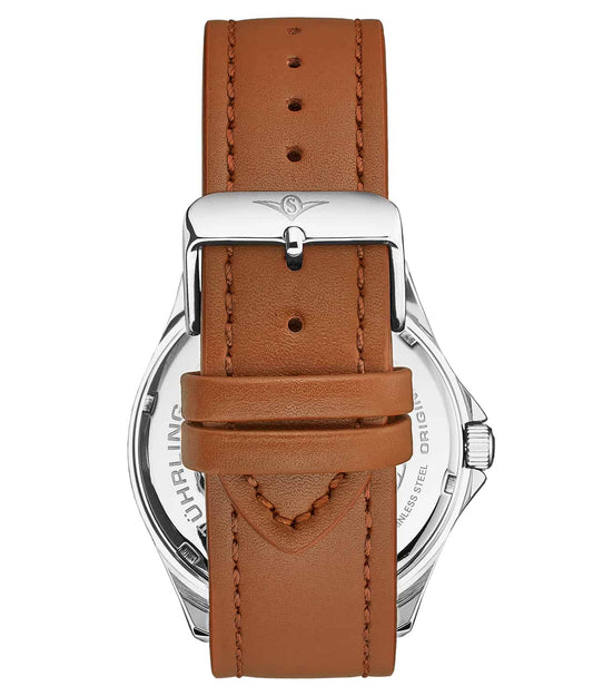 Stuhrling Original Aeronaut Men's Quartz Aviator Watch, 43mm, Black Dial, Light Brown Leather Strap