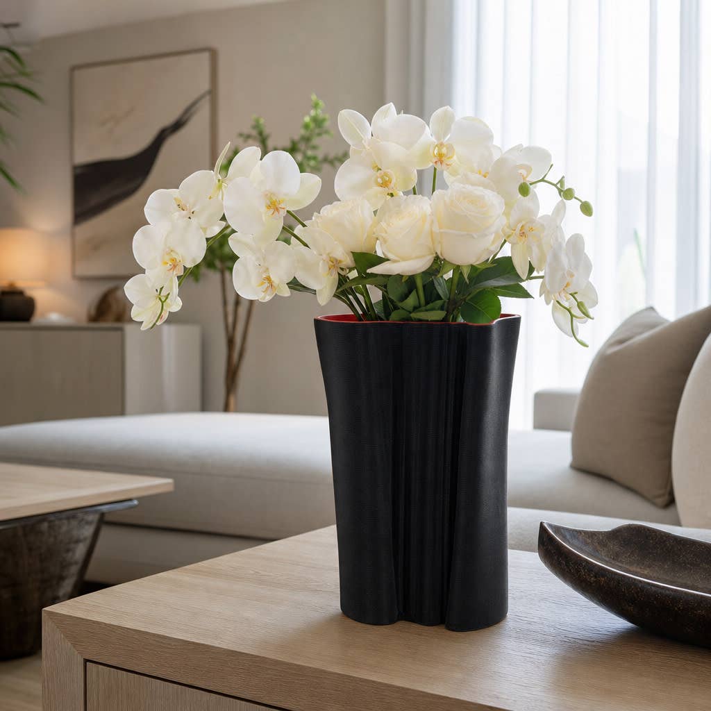 Decorative Vase - Black Porcelain Fluted 3D Printed, 12 in.