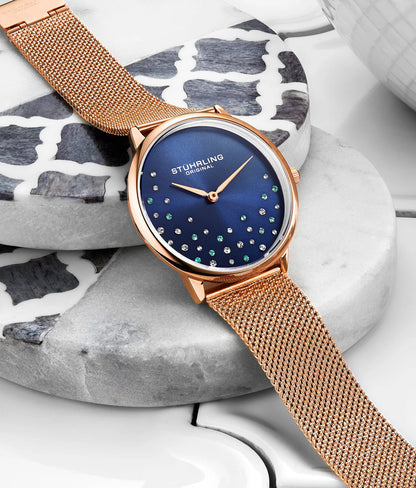 Stuhrling Original Symphony 3928 Women's Quartz Watch, 35mm, Blue Dial, Rose Gold-Tone Mesh Bracelet