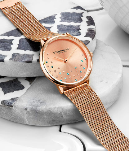 Stuhrling Original Symphony 3928 Women's Quartz Watch, 35mm, Rose Gold-Tone Dial, Rose Gold-Tone Mesh Bracelet