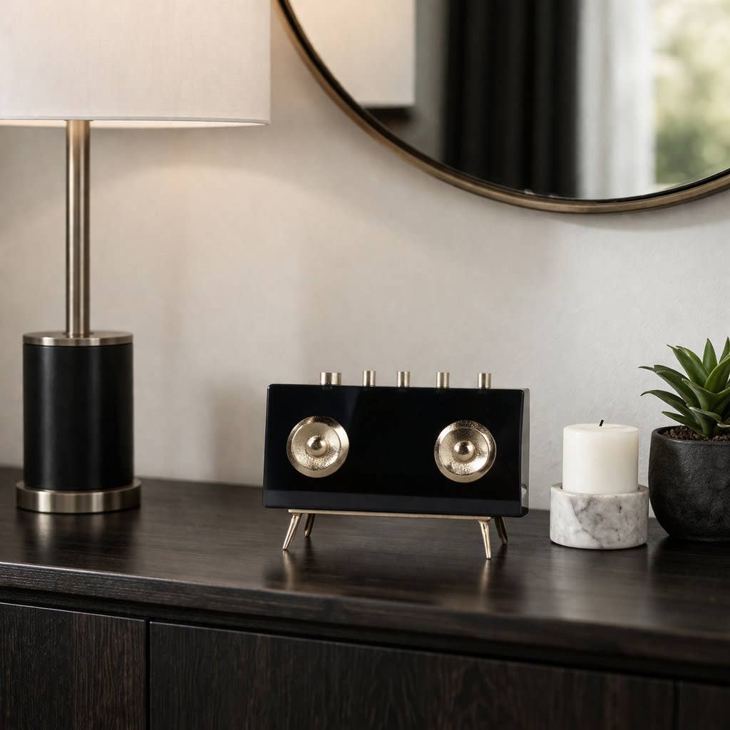 Sculpture - Black and Gold Metal Rectangular Radio, 6 in.