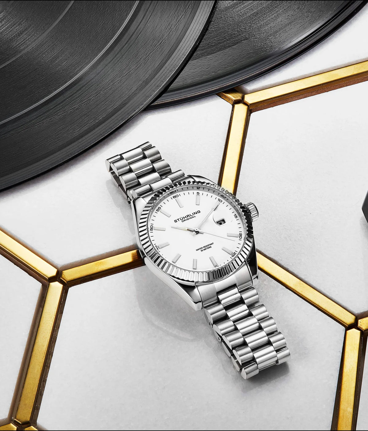 Stuhrling Original Lineage Men's Quartz Classic Watch, White Dial, Silver Bezel, Silver Bracelet