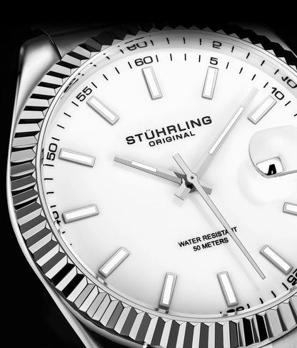 Stuhrling Original Lineage Men's Quartz Classic Watch, White Dial, Silver Bezel, Silver Bracelet