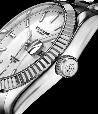 Stuhrling Original Lineage Men's Quartz Classic Watch, White Dial, Silver Bezel, Silver Bracelet