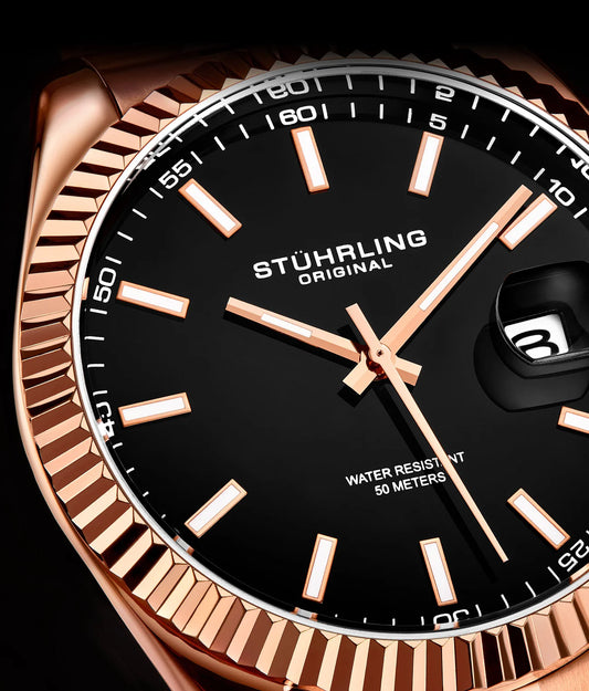 Stuhrling Original Lineage Men's Quartz Classic Watch, 42mm, Black Dial, Rose Gold-Tone Bracelet