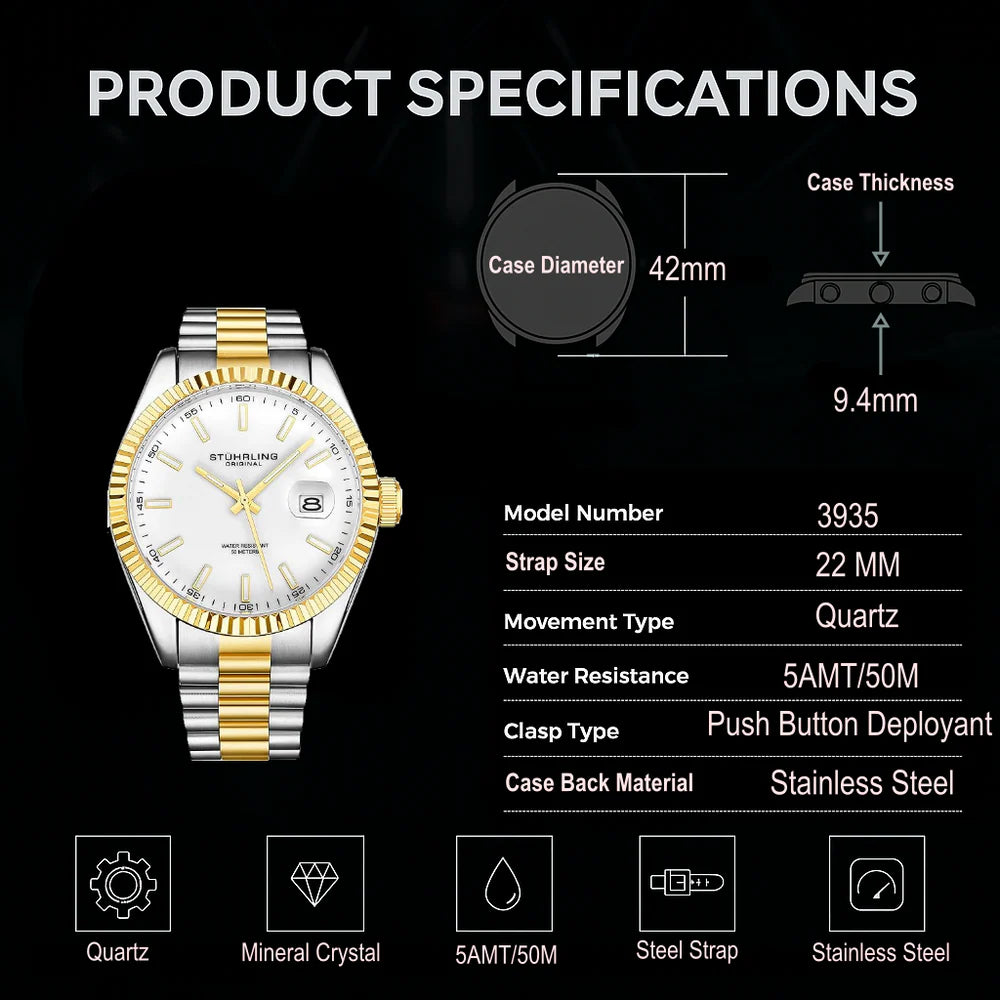 Stuhrling Original Lineage Men's Quartz Classic Watch, White Dial, Silver Bezel, Silver Bracelet