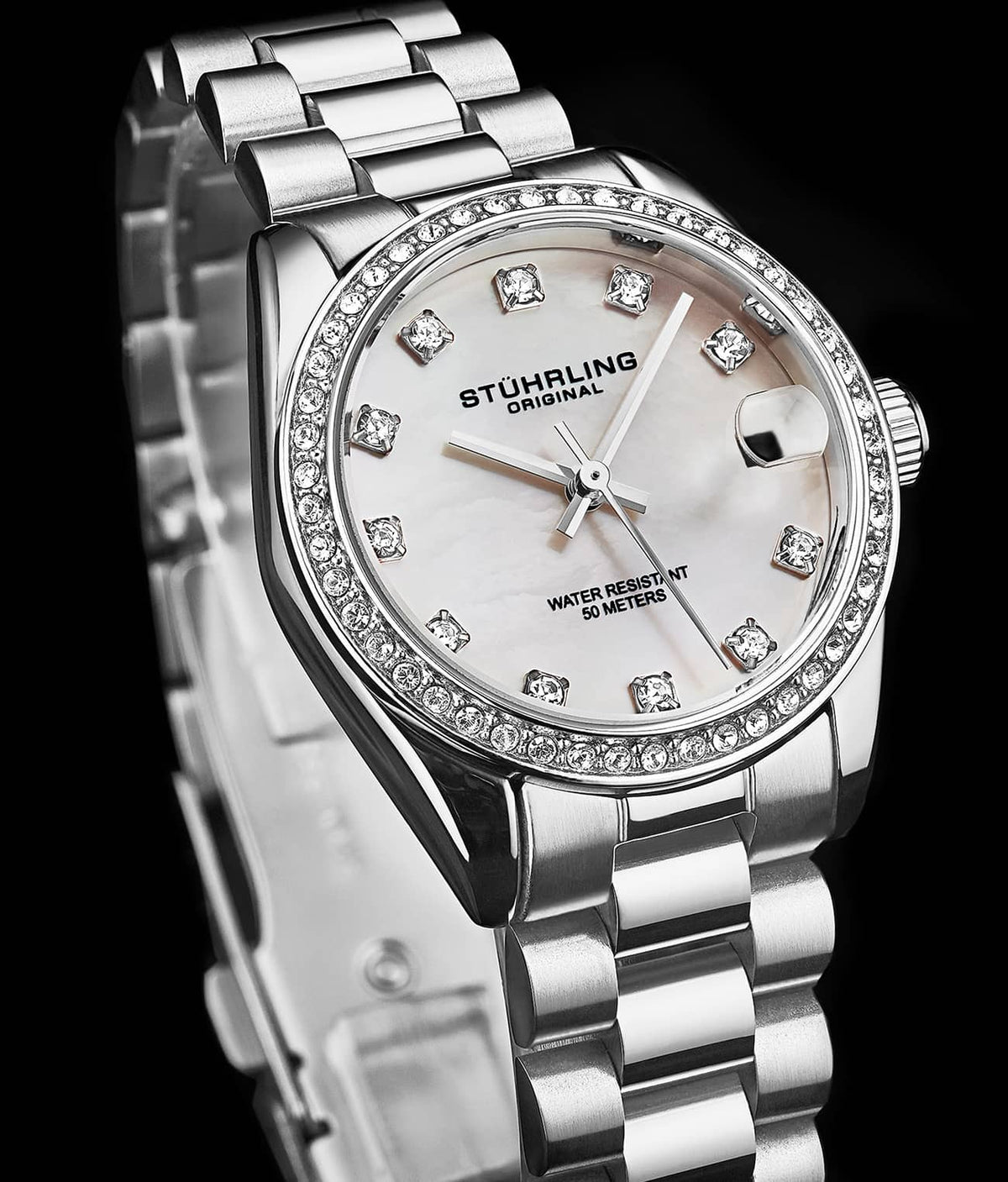Stuhrling Original Lineage Women's Quartz Watch, 31mm, Silver Mother-of-Pearl Dial, Silver-Tone Stainless Steel Bracelet, Crystal-Accented Bezel