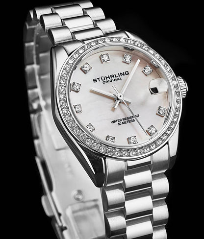 Stuhrling Original Lineage Women's Quartz Watch, 31mm, Silver Mother-of-Pearl Dial, Silver-Tone Stainless Steel Bracelet, Crystal-Accented Bezel