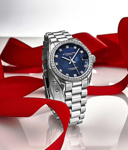 Stuhrling Original Lineage Women's Quartz Watch, 31mm, Blue Mother-of-Pearl Dial, Silver-Tone Stainless Steel Bracelet, Crystal-Accented Bezel