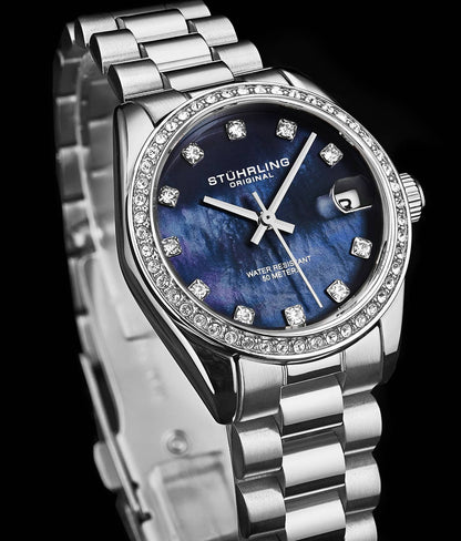 Stuhrling Original Lineage Women's Quartz Watch, 31mm, Blue Mother-of-Pearl Dial, Silver-Tone Stainless Steel Bracelet, Crystal-Accented Bezel
